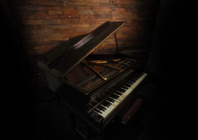 Old baby Grand Piano against wood texture video production studio music video